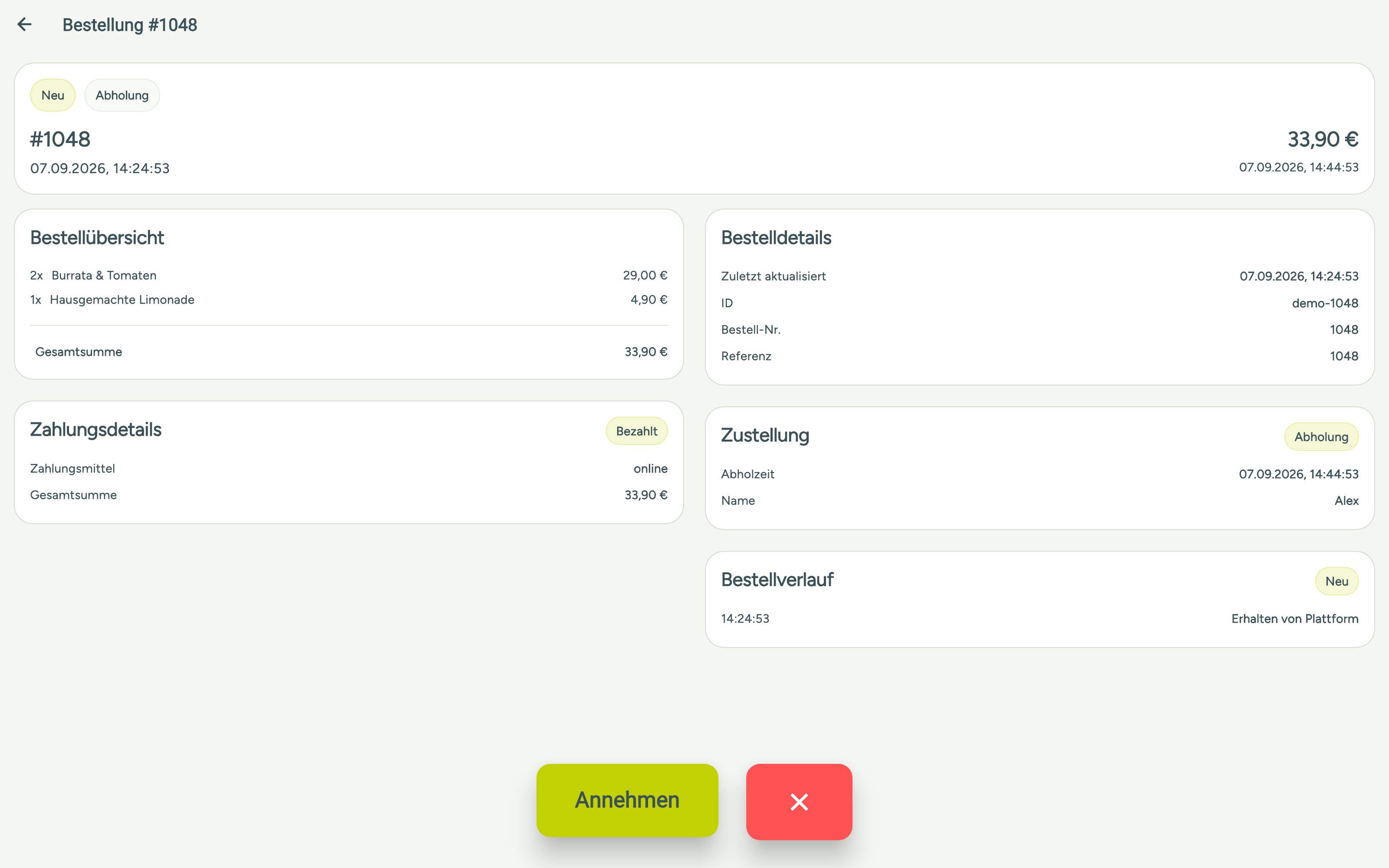 Detailansicht einer fiktiven Bestellung mit Status Neu und Bestellverlauf