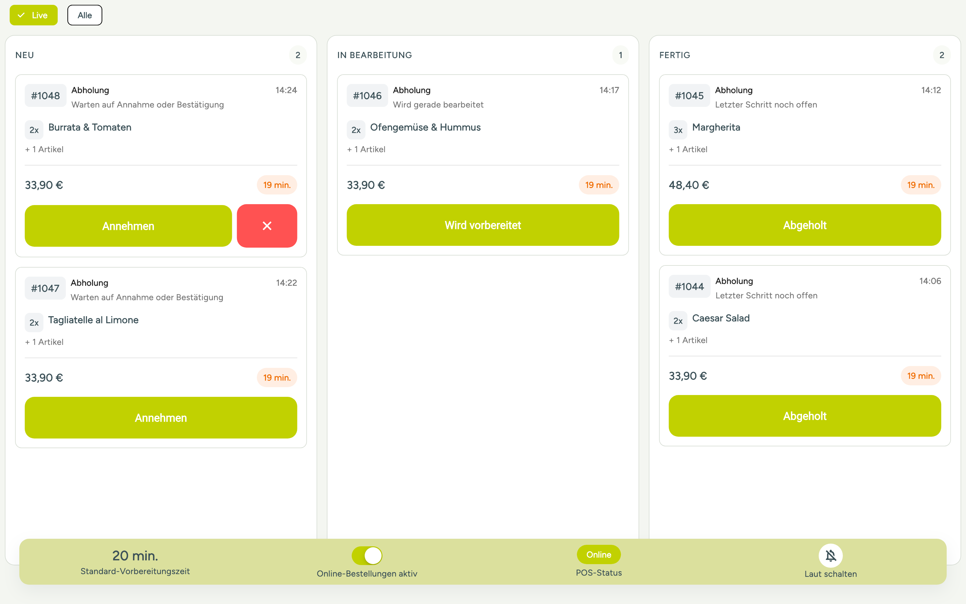 Controller-Bestellübersicht mit den Spalten Neu, In Bearbeitung und Fertig