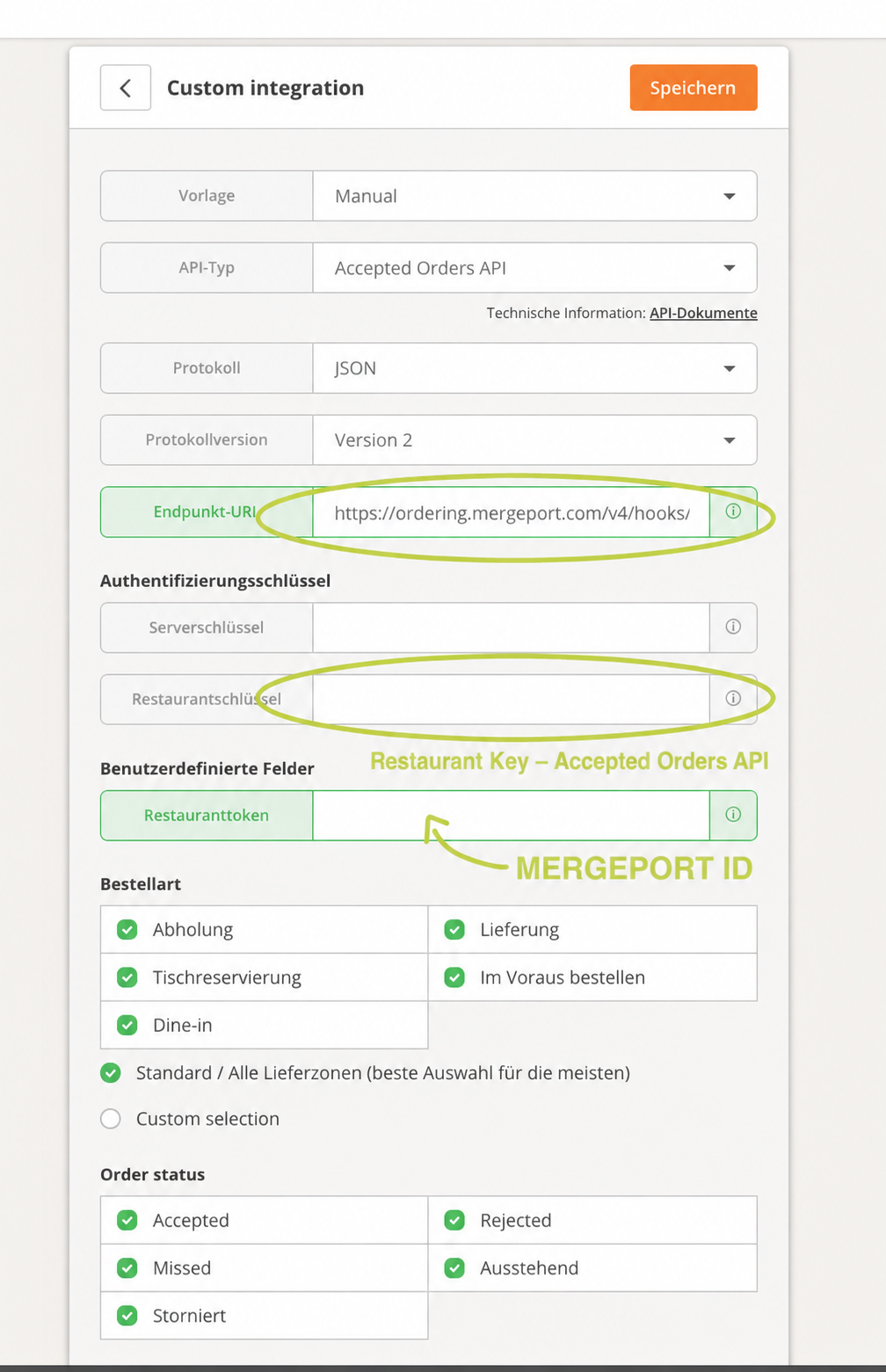 Accepted Orders API mit getrennten Feldern für Restaurantschlüssel und Restauranttoken