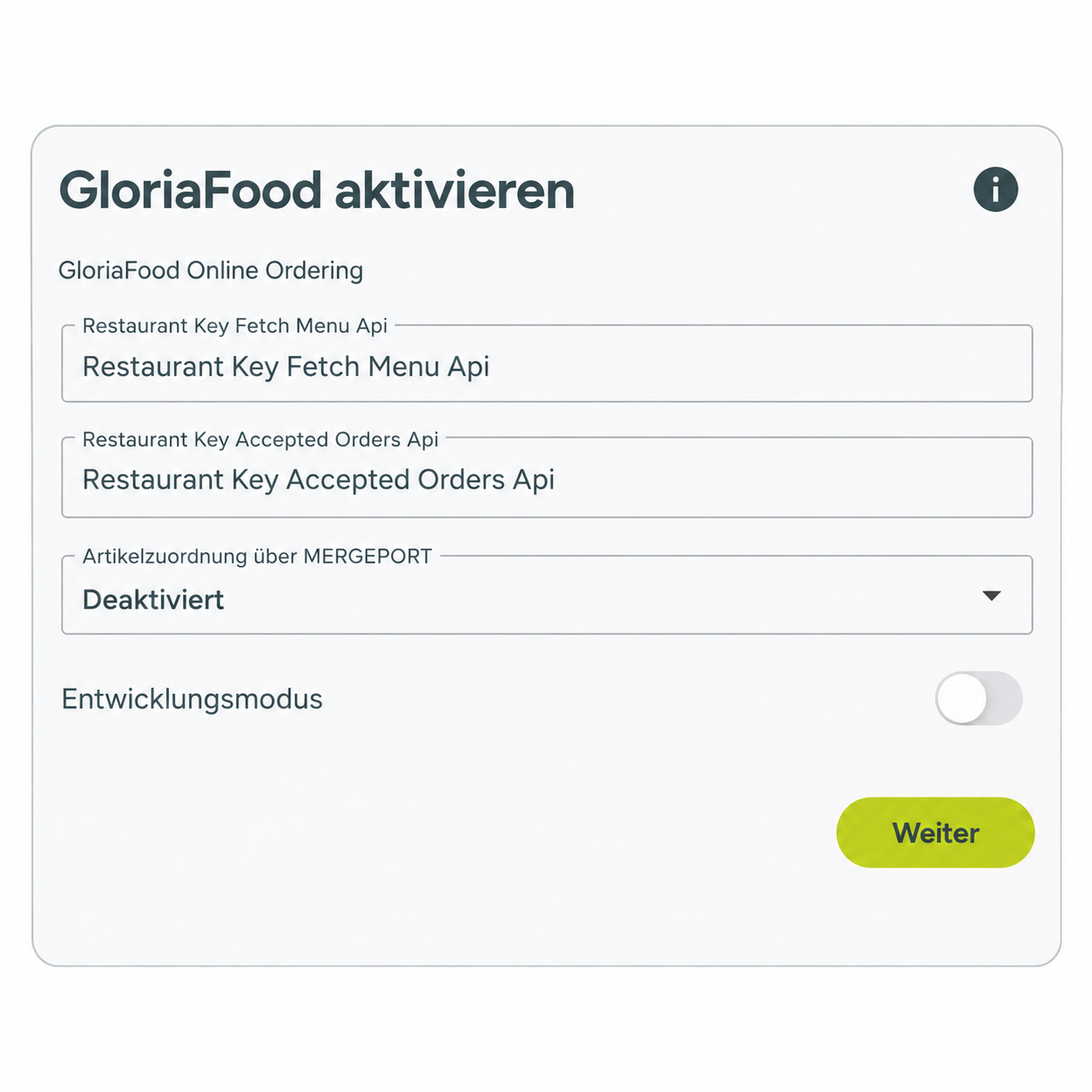 GloriaFood-Aktivierung im Controller mit zwei Schlüsselfeldern