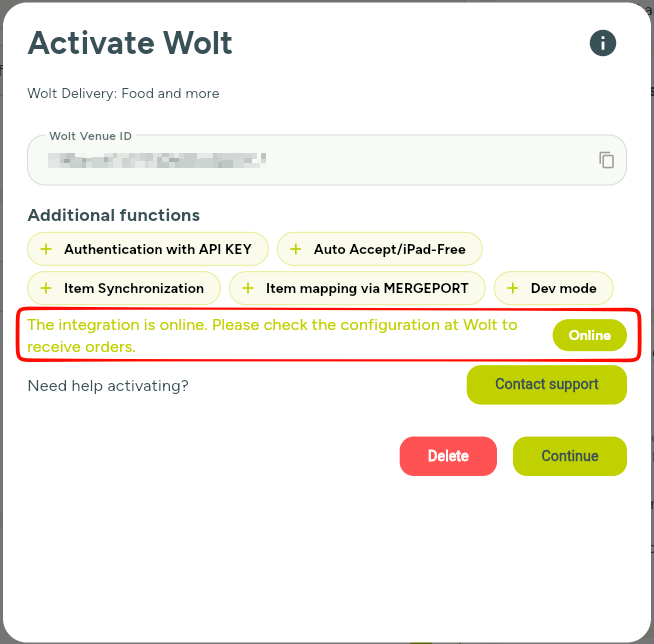 Bestellplattform mit dem Verbindungsstatus Online im MERGEPORT Controller