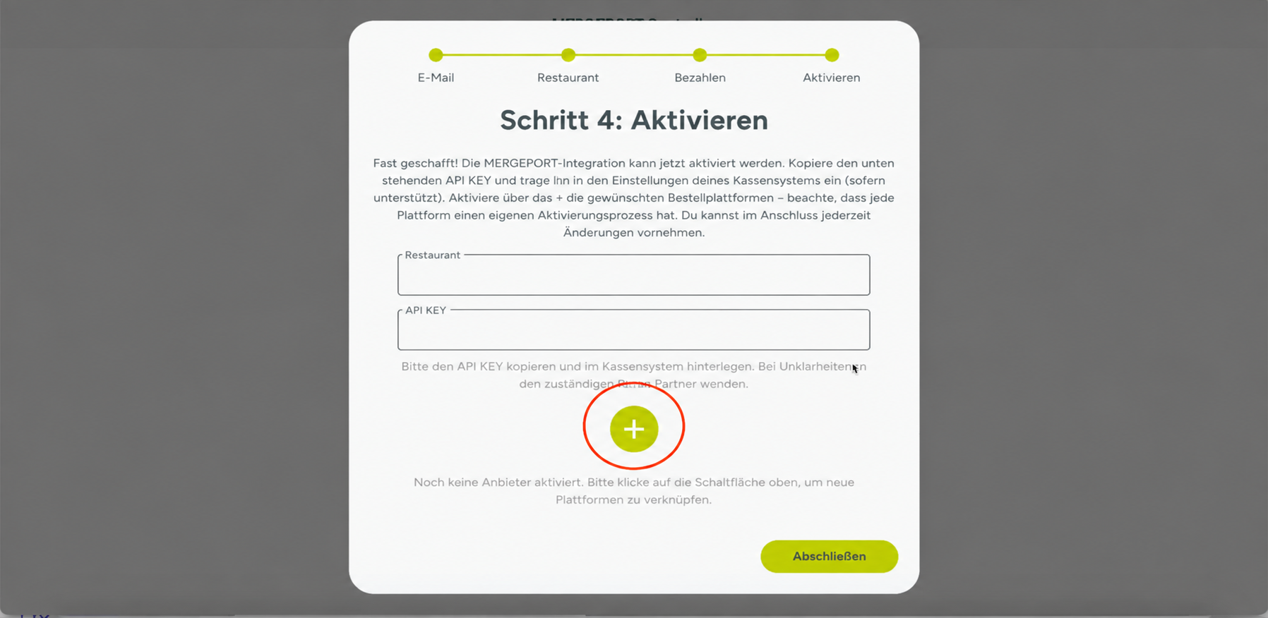Aktivierungsansicht mit markierter Plus-Schaltfläche zum Hinzufügen einer Plattform