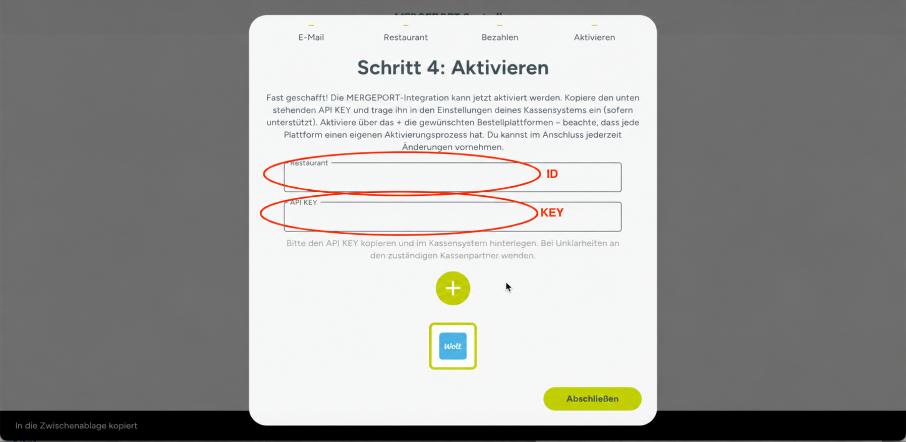 Aktivierungsansicht mit markierten Feldern Restaurant-ID und API-Schlüssel