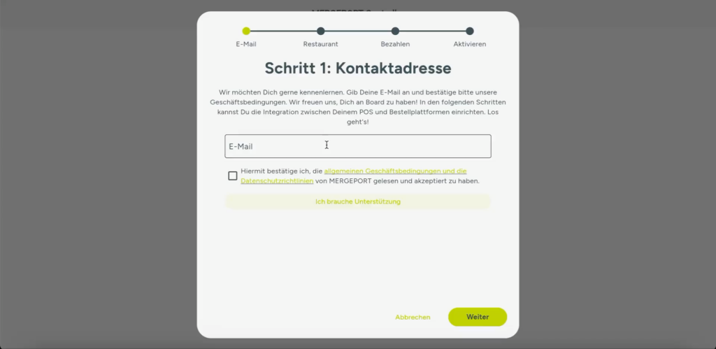 E-Mail-Eingabemaske im MERGEPORT-Onboarding