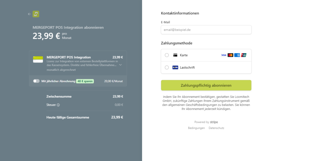 Checkout mit Zahlungsmodell, Kontaktadresse und Auswahl zwischen Karte und Lastschrift
