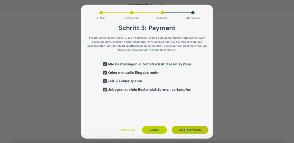 MERGEPORT-Zahlungsstart mit der Schaltfläche Jetzt aktivieren