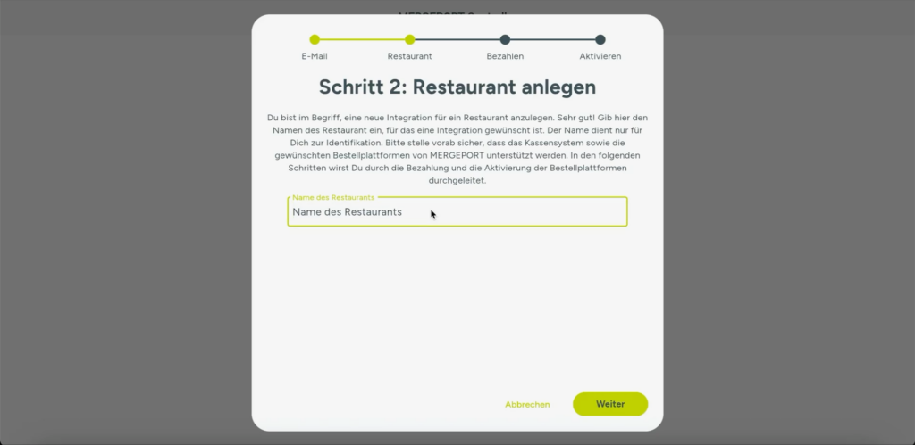 Eingabemaske für den Restaurantnamen im MERGEPORT-Onboarding