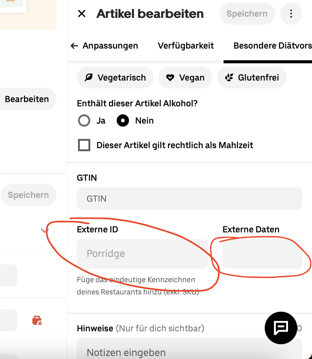Uber-Eats-Artikeleditor mit Externe ID und Externe Daten
