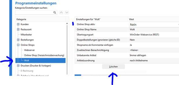 WinOrder-Programmeinstellungen mit markiertem Wolt-Online-Shop und Löschen-Schaltfläche