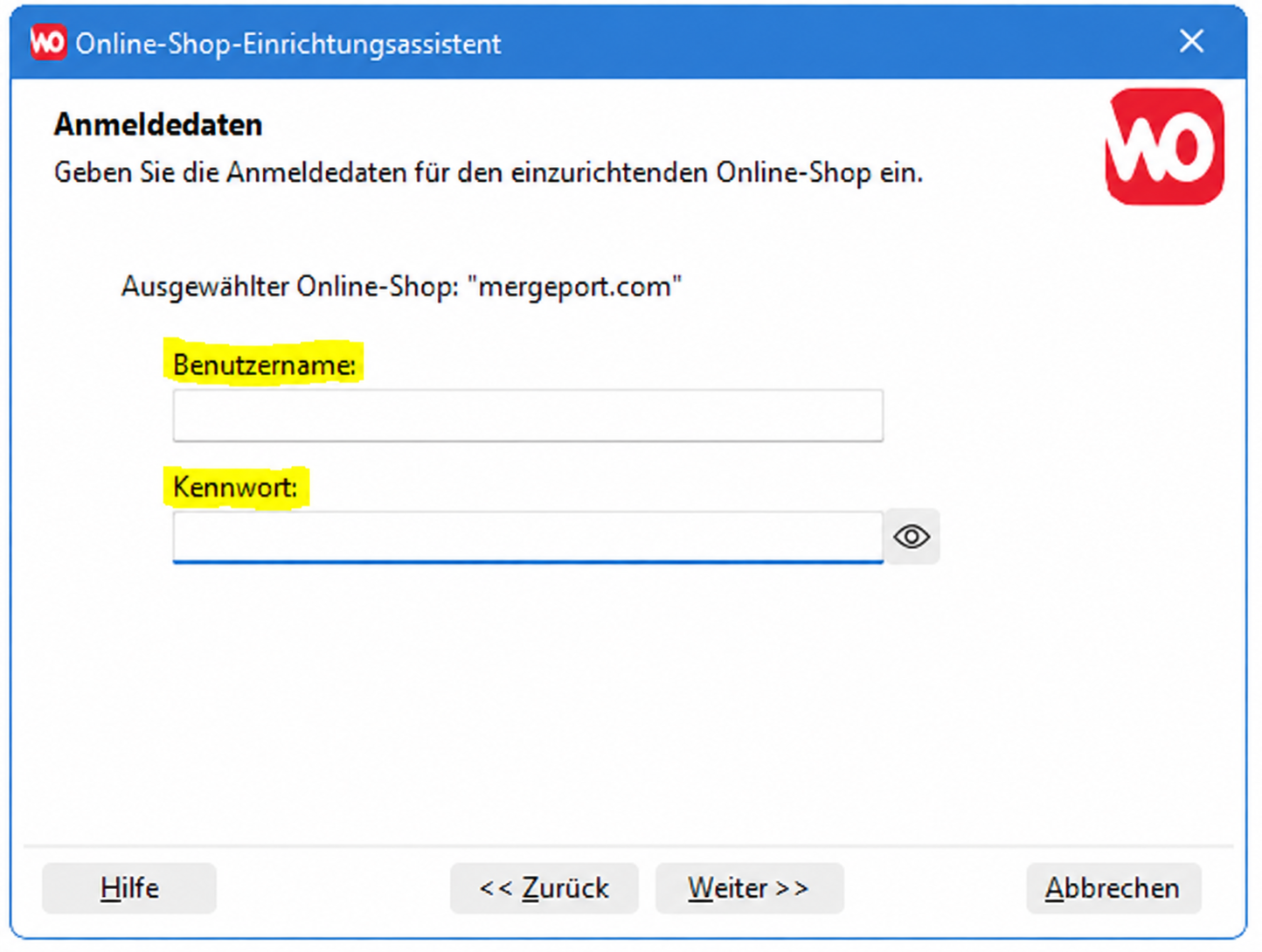 WinOrder-Einrichtungsassistent für mergeport.com mit leeren Feldern Benutzername und Kennwort